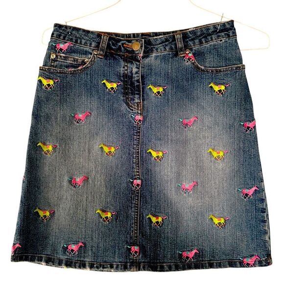 Lilly Pulitzer Denim Skirt with Pink & Green Embroidered horses, sz 2, vintage - Picture 1 of 7